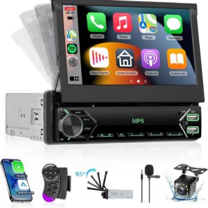 Radio Hodozzy 1 DIN con CarPlay inalámbrico y Android Auto, pantalla táctil plegable de 7″, Bluetooth, SWC, Mirror Link, FM, USB-C, EQ, retroiluminación de colores y cámara