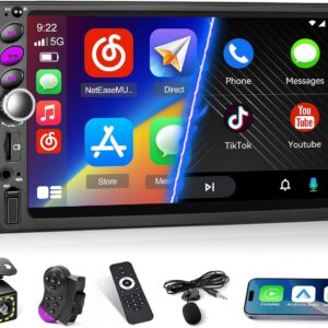 Radio Hikity 2 DIN FM EQ con CarPlay y Android Auto, pantalla táctil de 7″, Bluetooth, cámara trasera, compatible con SWC, Mirror Link, USB, AUX-in y tarjeta SD