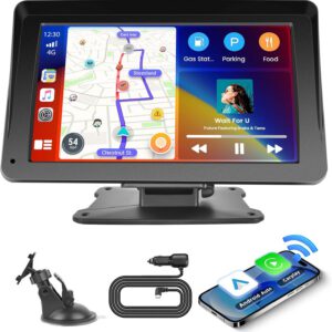 Estéreo inalámbrico CarPlay de 7″ para coche, pantalla táctil portátil con Android Auto, Mirror Link, Bluetooth, AUX, TF, FM y control por voz