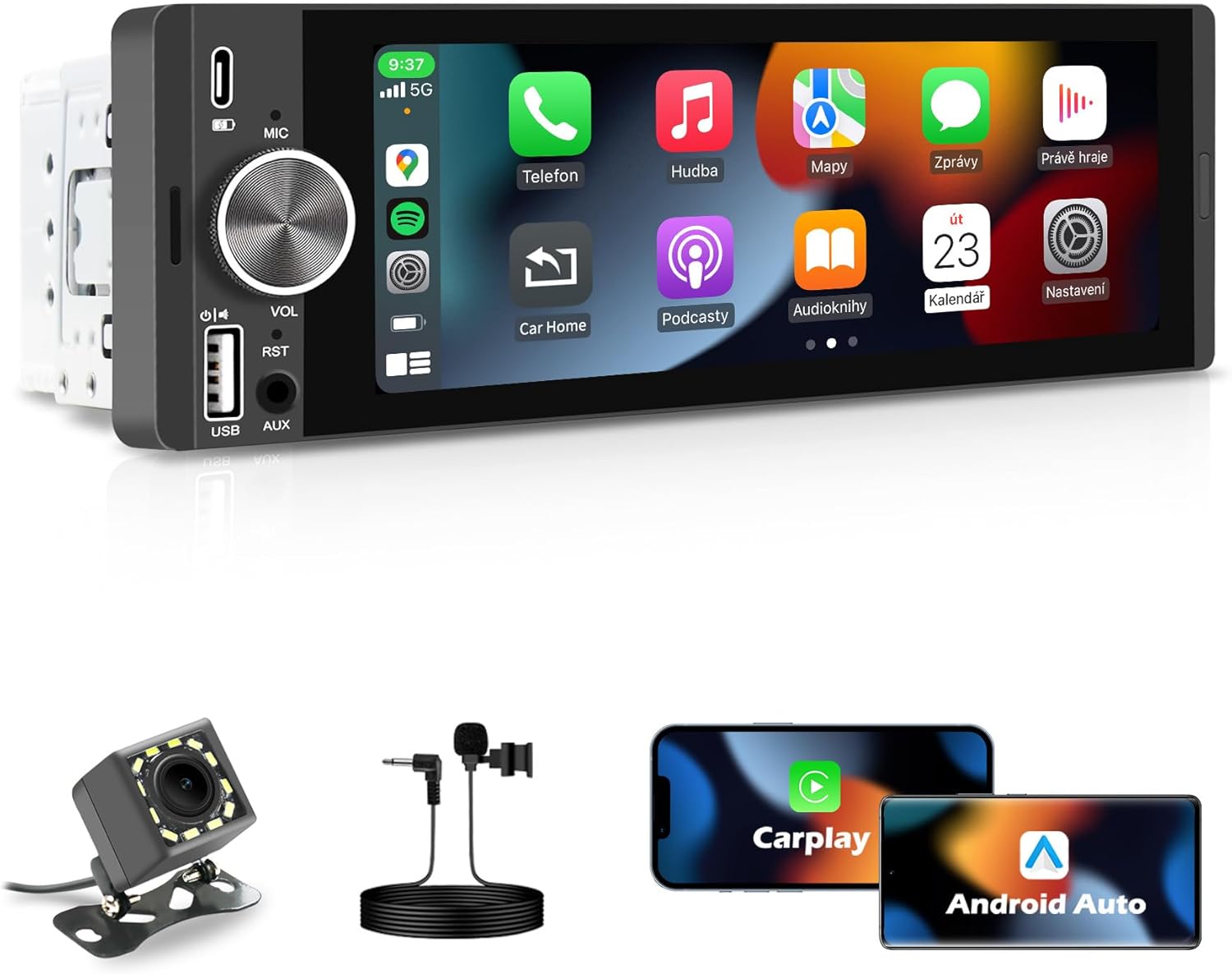 Radio de coche con pantalla, tamaño 1 DIN, CarPlay y Android Auto inalámbricos, pantalla táctil de 6,28", Bluetooth, MirrorLink, controles de volante y cámara trasera