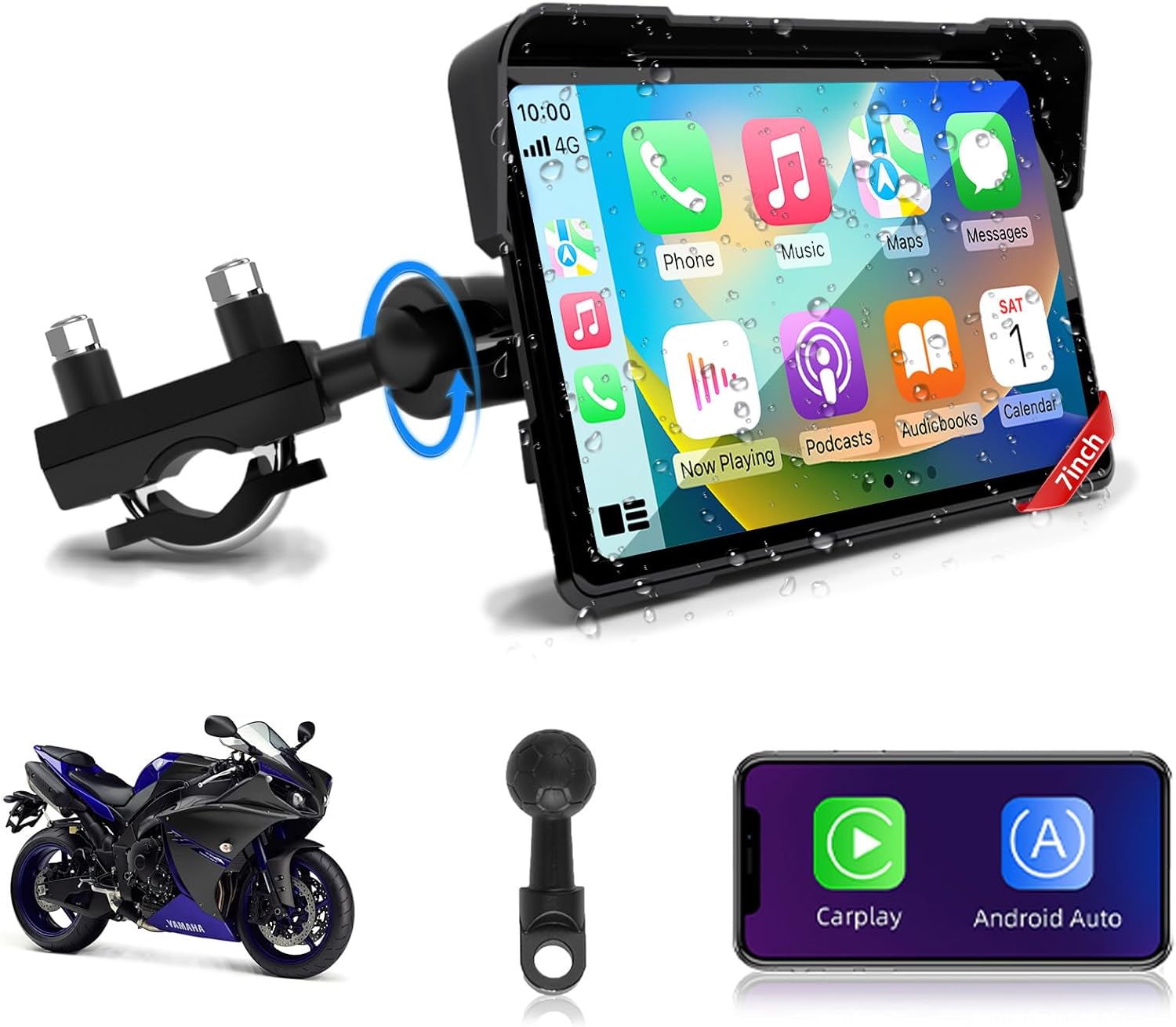 Navegador Jansite de 7" con CarPlay para moto, Android Auto, GPS, doble Bluetooth, impermeable IP67, Siri, Google y navegación
