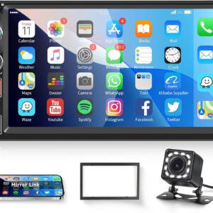 Radio Hodozzy 2 DIN con Bluetooth, pantalla táctil de 7″, reproductor MP5 con MirrorLink, FM, reproducción de vídeo, EQ, USB, Type-C, AUX, control de volante y cámara