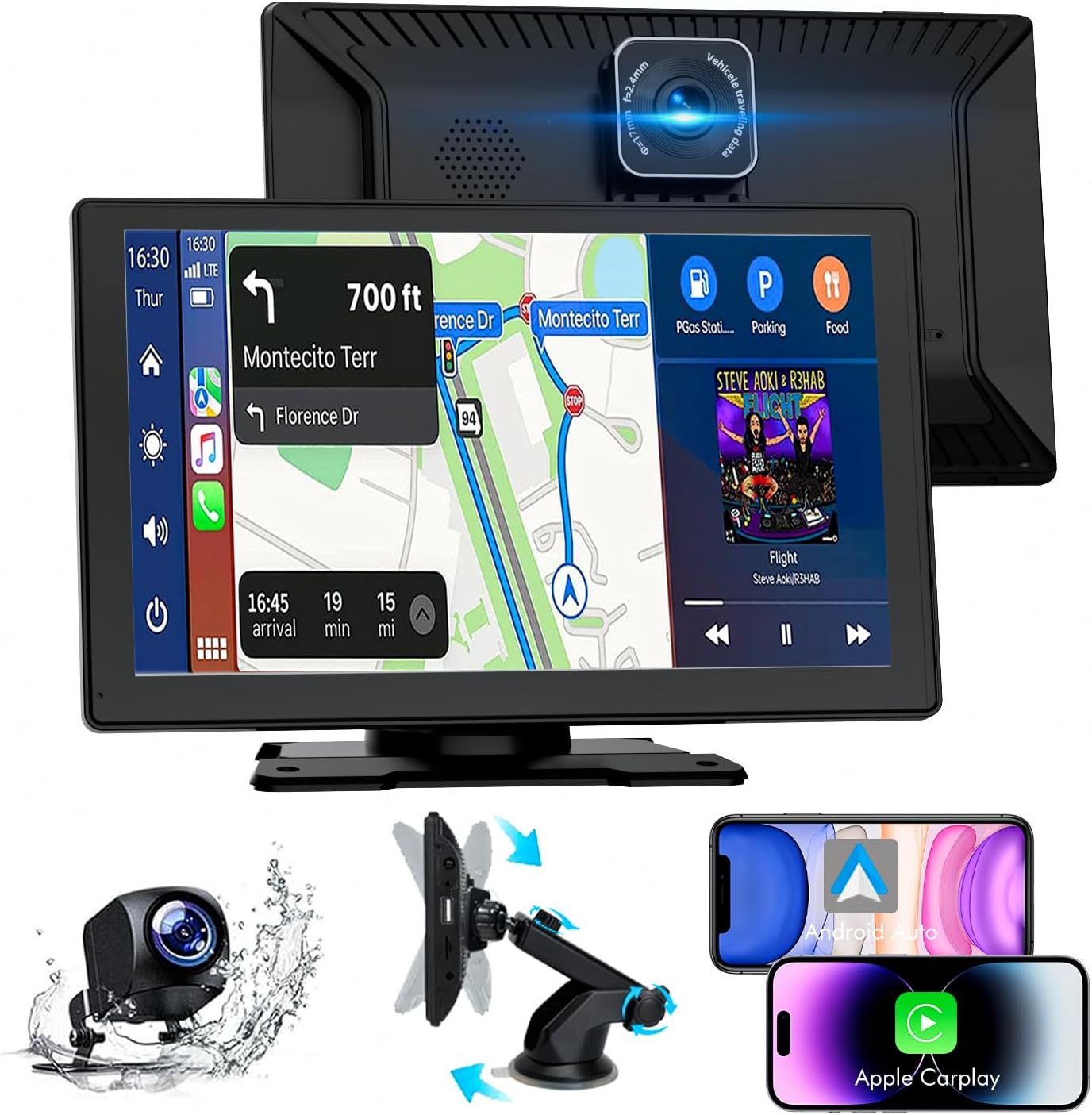 Pantalla de coche de 9" con CarPlay para Apple y Android, cámaras delantera y trasera HD 1080P, navegación GPS, Bluetooth 5.2, control de voz manos libres, Mirror Link, AUX y FM