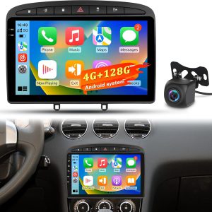 Radio Android 4+128G para Peugeot 308/408 2007-2015, pantalla táctil, CarPlay y Android Auto inalámbricos, GPS, WiFi, Bluetooth, plug & play mejorado y cámara trasera