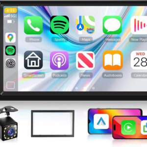 Radio Hodozzy 2 DIN con CarPlay inalámbrico y Android Auto, pantalla táctil de 7″, Bluetooth, reproducción de vídeo, MirrorLink, SWC, FM, EQ, USB, AUX, Type-C y cámara