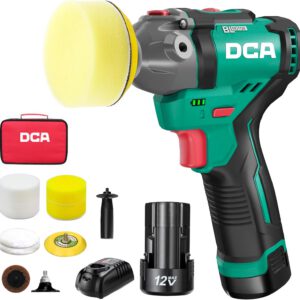 Pulidora de coche DCA Mini 12V, 75 mm, pulidora de batería y lijadora de 50 mm, orbital, sin escobillas, 2 baterías de 2.0 Ah, 2 velocidades 2800-8300 RPM