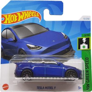 Hot Wheels Tesla Model Y, HW Green Speed 3/10, HTB80, tarjeta corta, azul oscuro, Mattel 2024