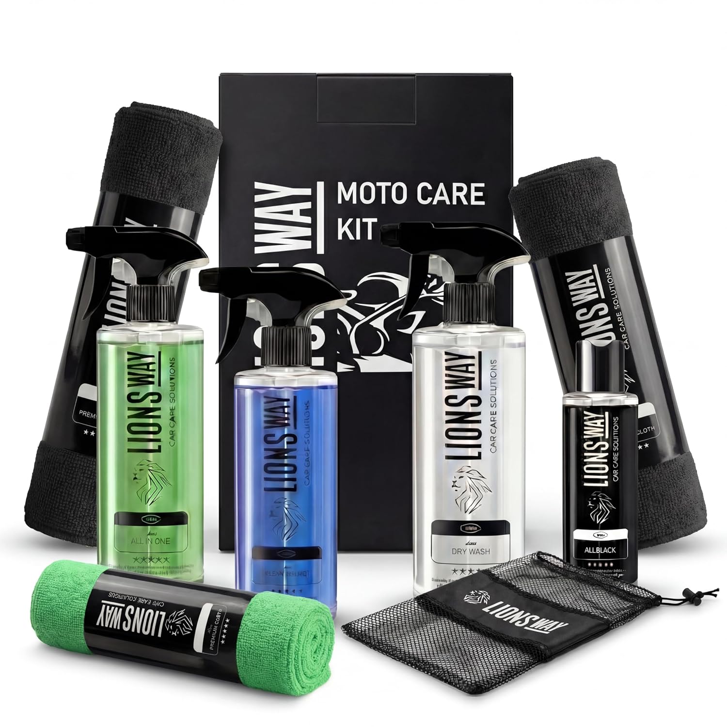 LionsWay kit de limpieza de moto 5 en 1, lavado en seco con cera carnauba, desengrasante todo en uno, limpiador de casco, restaurador de plásticos y paño de microfibra