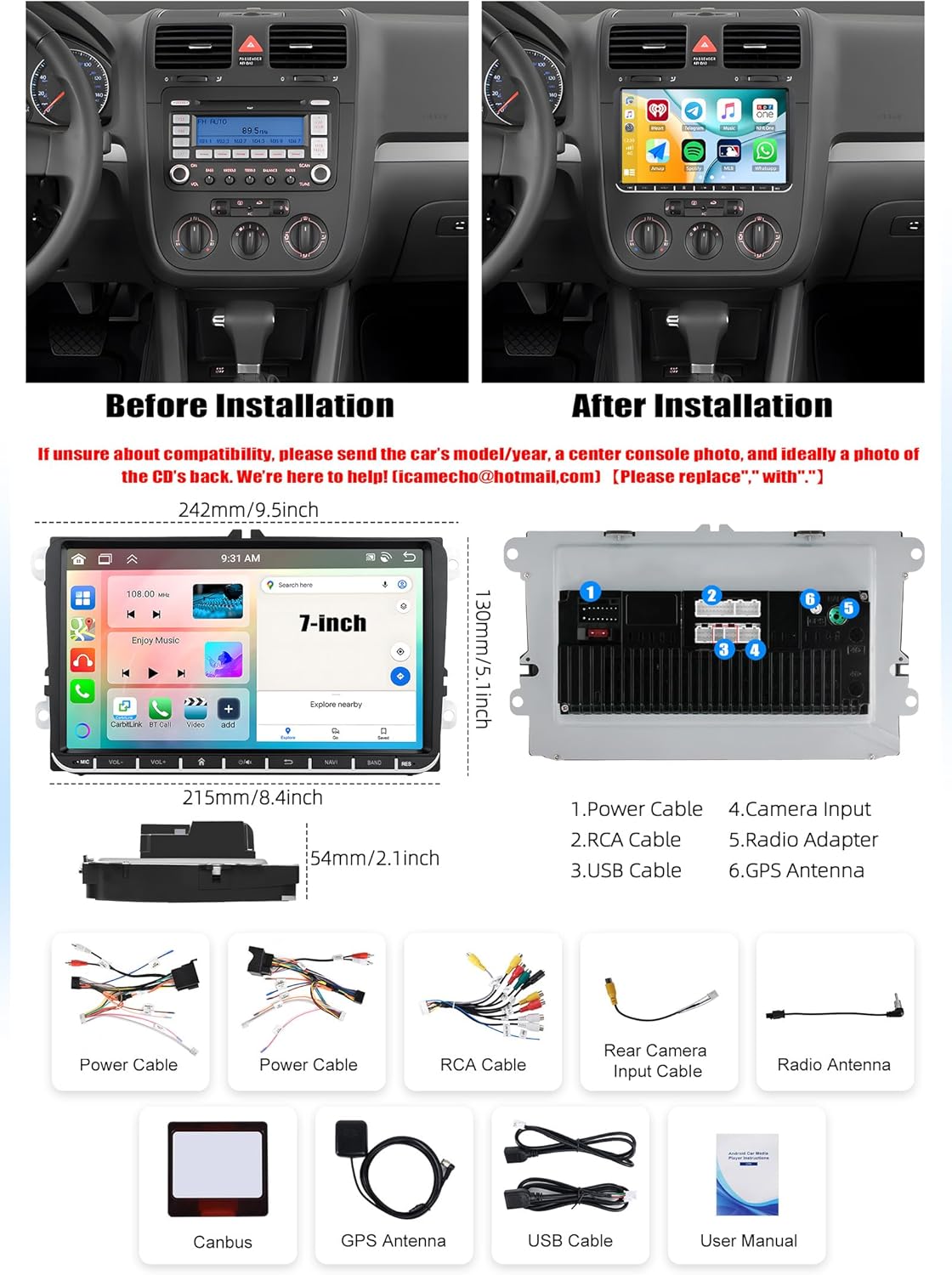 Radio CAMECHO Android 15 6+128GB 8 núcleos para VW Golf 5, Polo, Caddy y Skoda, navegación, CarPlay y Android Auto inalámbricos, doble DIN, pantalla 9", Mirror Link, RDS/FM, Bluetooth 5.0 y DSP