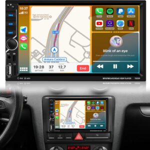Radio NHOPEEW 2 DIN con CarPlay y Android Auto, pantalla táctil de 7″, Mirror Link, FM, control de volante, USB, AUX y cámara trasera AHD