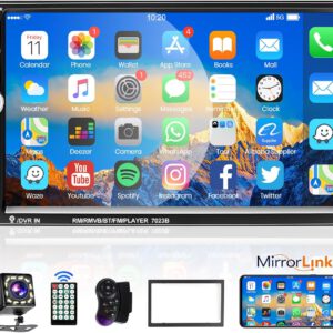 Radio Podofo 2 DIN de 7″ con pantalla, Mirror Link para iOS/Android, Bluetooth manos libres, FM, control de volante, USB, luces de 7 colores, AUX-IN y cámara trasera con 12 LED