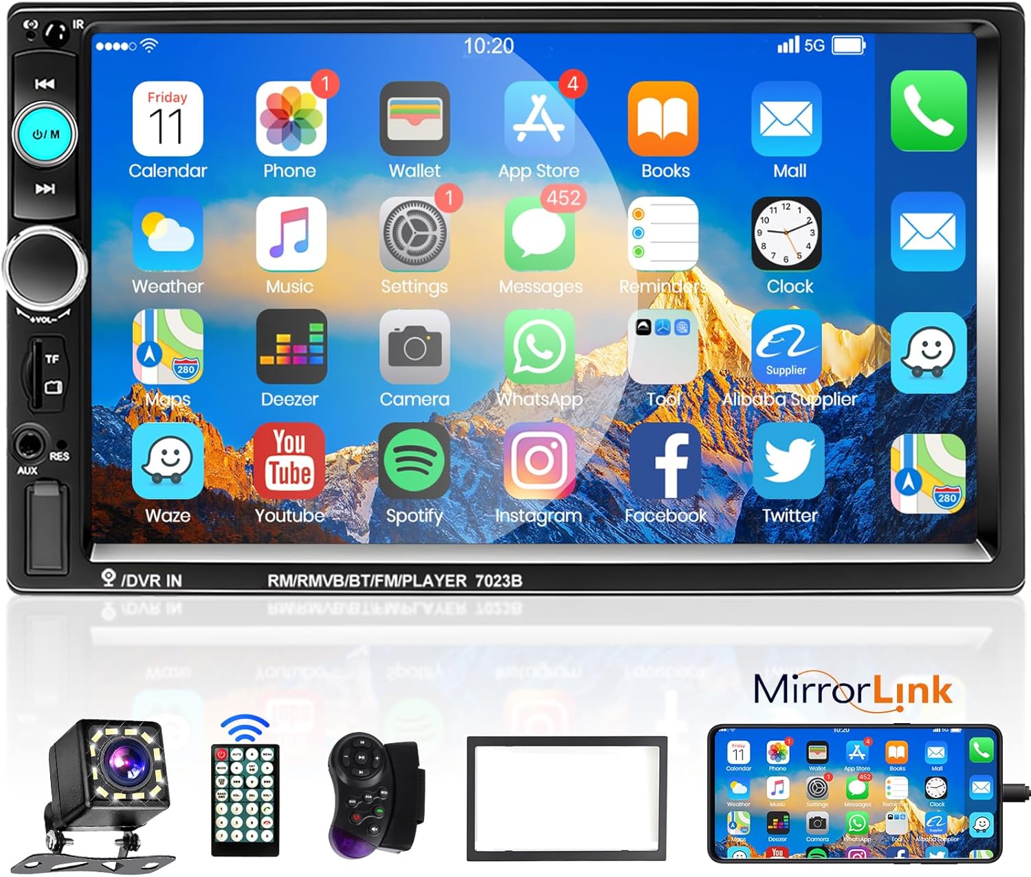 Radio Podofo 2 DIN de 7" con pantalla, Mirror Link para iOS/Android, Bluetooth manos libres, FM, control de volante, USB, luces de 7 colores, AUX-IN y cámara trasera con 12 LED