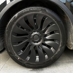 Tapacubos KAVANIC para Tesla Model Y de 19″, negro mate con logo, diseño simétrico estilo Uberturbine, 4 piezas, reemplazo para rueda Gemini 2020-2023