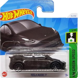 Hot Wheels Tesla Model Y, HW Green Speed 3/10, HTC93, tarjeta corta, negro metálico, Mattel 2024, escala 1:64