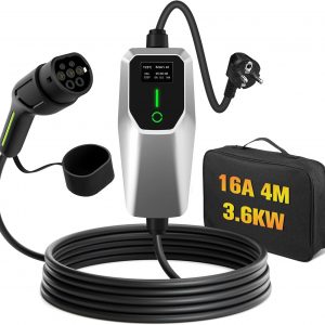 Junsun Cargador EV Portátil Tipo 2 3,6KW, Corriente Ajustable 8A-16A, Cargador para Coche Eléctrico con Pantalla LED, Compatible con 220V-240V, Cable de Carga EV con Bolsa