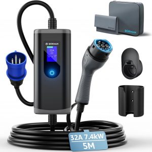 bokman Cargador Coche Eléctrico 7,4kW, 5 Metros / 6-32A / Monofásico / IP65 Impermeable/CEE, Tipo 2 de Carga para Vehículos Eléctricos con Cable