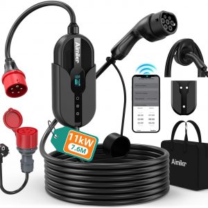 AIMILER Cargador de Coche Eléctrico APP 11kW 400V Trifásico (8-16A)con Pantalla OLED-7,6M Cargador Vehículo Eléctrico Portátil/de Pared con Cable Tipo 2 Compatible con Tesla Model Y/3 y Otros EV/PHEV