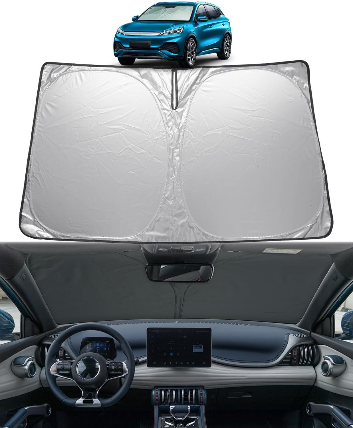 GAFAT Compatible con BYD Atto 3 EVO 2026 2025 2024 2023 Protección solar Parabrisas Interior, Yuan Plus Parasol Parasol Atto 3 Accesorios, UPF 50+ Protección UV, Refrigeración