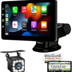 Pantalla para coche con CarPlay y Android Auto inalámbricos, pantalla de 7″ con Mirror Link, radio portátil con asistencia por voz, FM, AUX y cámara trasera