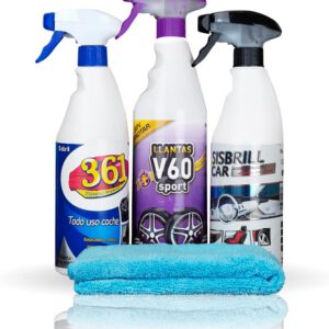 Kit esencial de limpieza Sisbrill Trio, limpieza y cuidado completo del coche, llantas, cuero, mosquitos y tapicería