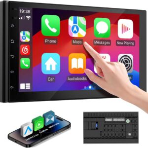 Radio de coche 2 DIN con CarPlay inalámbrico y Android Auto, pantalla táctil HD de 7″, compatible con manos libres, AUX, FM/AM y reproductor de música, sin cámara trasera