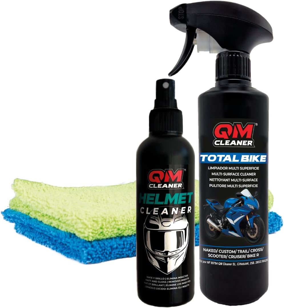 Kit QM Cleaner de limpieza y mantenimiento para moto y casco, limpiador seco multisuperficie y eliminador de insectos, incluye Total Bike 500 ml, limpiador de casco 200 ml y 2 paños