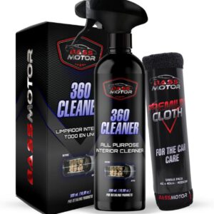 Limpiador multiusos interior BassMotor All in One para salpicadero, tapicería, plástico, asientos y cuero, limpia y desengrasa, uso rápido y fácil, 360 Cleaner 500 ml + paño premium