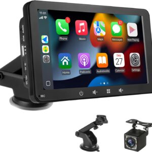 Pantalla de coche de 7″ con CarPlay y Android Auto inalámbricos, radio portátil táctil, transmisor FM, AUX, USB, cámara trasera, plug & play para la mayoría de coches