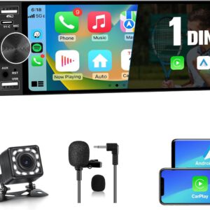Radio universal AWESAFE 1 DIN con pantalla táctil de 6,36″, CarPlay/Android Auto, carga Type-C, 2 USB, micrófono, FM, EQ, GPS, Bluetooth y SWC
