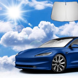 Parasol de coche compatible con Tesla Model 3/Highland 2018-2025 y Tesla Model Y 2021-2025, parasol delantero para parabrisas, protección solar y UV, plegable