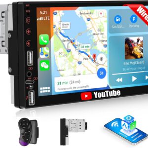 Radio CAMECHO para coche con pantalla táctil HD de 7″, CarPlay inalámbrico y Android Auto, radio 1 DIN con GPS, YouTube, Bluetooth, WiFi, FM, USB, AUX, Type-C y controles de volante