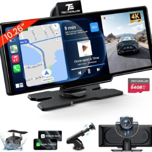 Pantalla inalámbrica CarPlay de 10,26″ con dashcam 4K y cámara trasera 1080P, receptor de audio portátil con CarPlay y Android Auto, navegación GPS, AirPlay y Mirror Link