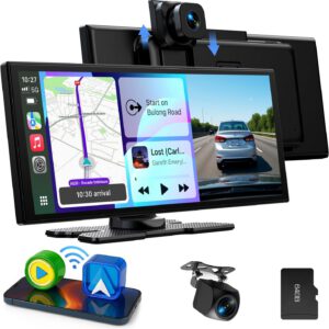 Pantalla LAMTTO CarPlay inalámbrica de 10,25″ con Android Auto, estéreo con dashcam frontal/trasera 2.5K+1080P, sin instalación, navegación, Bluetooth, FM, AUX y tarjeta TF 64 GB