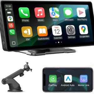 Pantalla de coche de 10,26″ con CarPlay para Apple y Android, pantalla táctil HD inalámbrica, navegación GPS, Bluetooth, control de voz manos libres, Mirror Link, AUX, FM, Siri y Google
