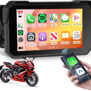 Rimoody CarPlay inalámbrico y Android Auto para moto, pantalla táctil portátil de 5″ para motos, radio para moto con Bluetooth, navegación e impermeabilidad IP68
