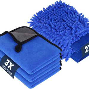 Set flintronic de 5 paños de microfibra, 2 guantes de lavado/secado y 3 paños de microfibra para coche, kit de limpieza para lavar, desempañar, secar y pulir, azul
