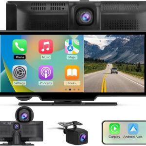 Pantalla AWESAFE inalámbrica con CarPlay y Android Auto, pantalla táctil de 10,26″, dashcam frontal 4K, cámara trasera 1080P incluida, comandos de voz, Bluetooth, GPS, FM, AUX y MirrorLink