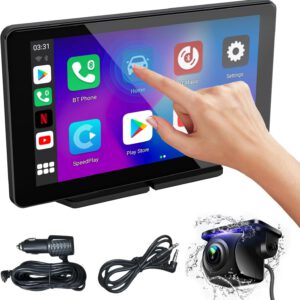 Pantalla de coche de 7″, CarPlay portátil con Apple CarPlay y Android Auto, inalámbrica, cámara de seguridad, GPS, control por voz, Mirror Link, Bluetooth y FM
