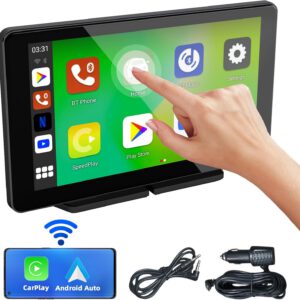 Pantalla de coche de 7″, CarPlay portátil con Apple CarPlay y Android Auto, inalámbrica, GPS, control por voz, Mirror Link, Bluetooth y FM, para todos los vehículos