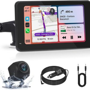 Pantalla CarPlay de 7″ para coche con cámara trasera, Android Auto, pantalla IPS táctil, Siri/Google, navegación GPS, compatible con AirPlay, Mirror Link y FM