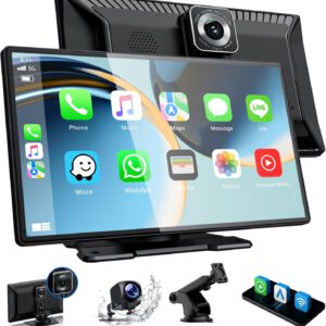 Pantalla Volam CarPlay de 9″ para coche con dashcam 2.5K, cámara trasera 1080P, CarPlay y Android Auto, MirrorLink, navegación GPS, asistente de voz, grabación en bucle, sensor G, tarjeta TF 64 GB y Bluetooth