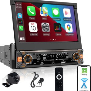 Radio 1 DIN táctil para coche, pantalla de 7″ retráctil automática, compatible con Apple CarPlay/Android Auto inalámbricos, Bluetooth, FM/RDS, USB, Type-C 3A carga rápida y cámara trasera