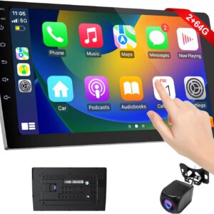 Radio de coche 2 DIN de 9″ con CarPlay inalámbrico y Android Auto, pantalla táctil HD, cámara trasera, función espejo, AUX, FM y reproductor de música, RAM 2 GB + ROM 64 GB