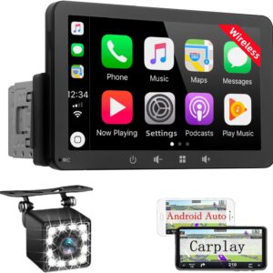 Radio 1 DIN con CarPlay y Android Auto inalámbricos, pantalla táctil de 7″, Bluetooth, Mirror Link para iOS/Android y cámara trasera