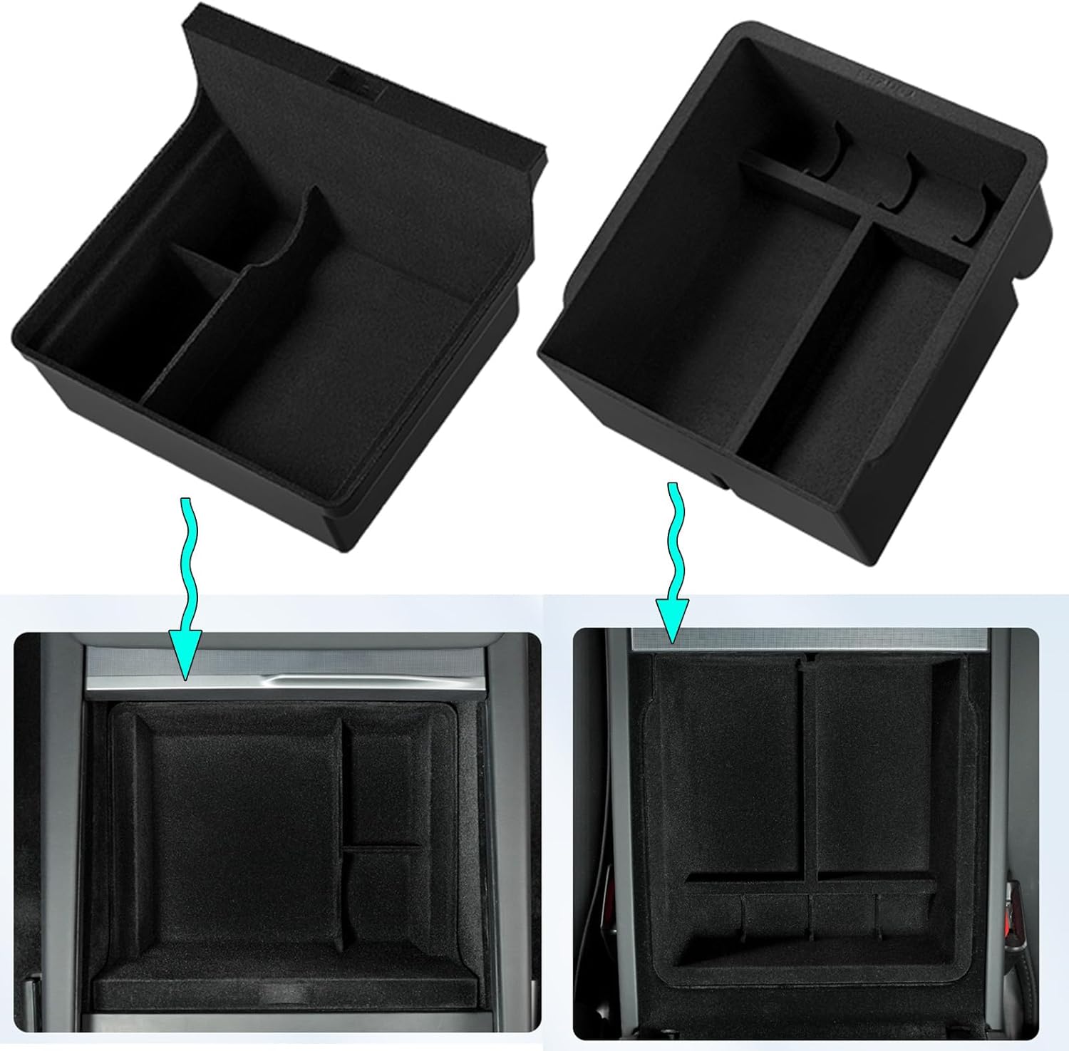 Pack de 2 accesorios para Tesla Model 3 Highland 2024 2025 y Model Y Juniper, bandeja organizadora de consola central, caja de almacenamiento con interior afelpado