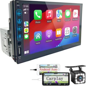 Radio 1 DIN para coche con CarPlay y Android Auto, pantalla táctil de 7″, Bluetooth, Mirror Link para iOS/Android y cámara trasera