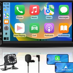 Radio universal 2 DIN con pantalla táctil de 7″, CarPlay/Android Auto/Mirror Link, carga Type-C/USB, micrófono, FM, EQ, WiFi, GPS, Bluetooth, USB, SWC y cámara trasera