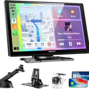 Pantalla ESSGOO CarPlay de 9″ con cámara trasera, Apple CarPlay y Android Auto inalámbricos, pantalla táctil portátil, Bluetooth, AirPlay, Mirror Link, FM, AUX, Siri y navegación