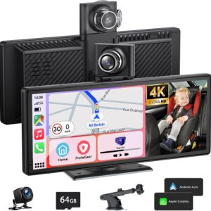 Pantalla de coche de 9,26″ con Android Auto y CarPlay, dashcam 4K, cámara trasera HD 1080P, Bluetooth, FM, AUX, tarjeta TF 64 GB, Mirror Link, control por voz y navegación GPS