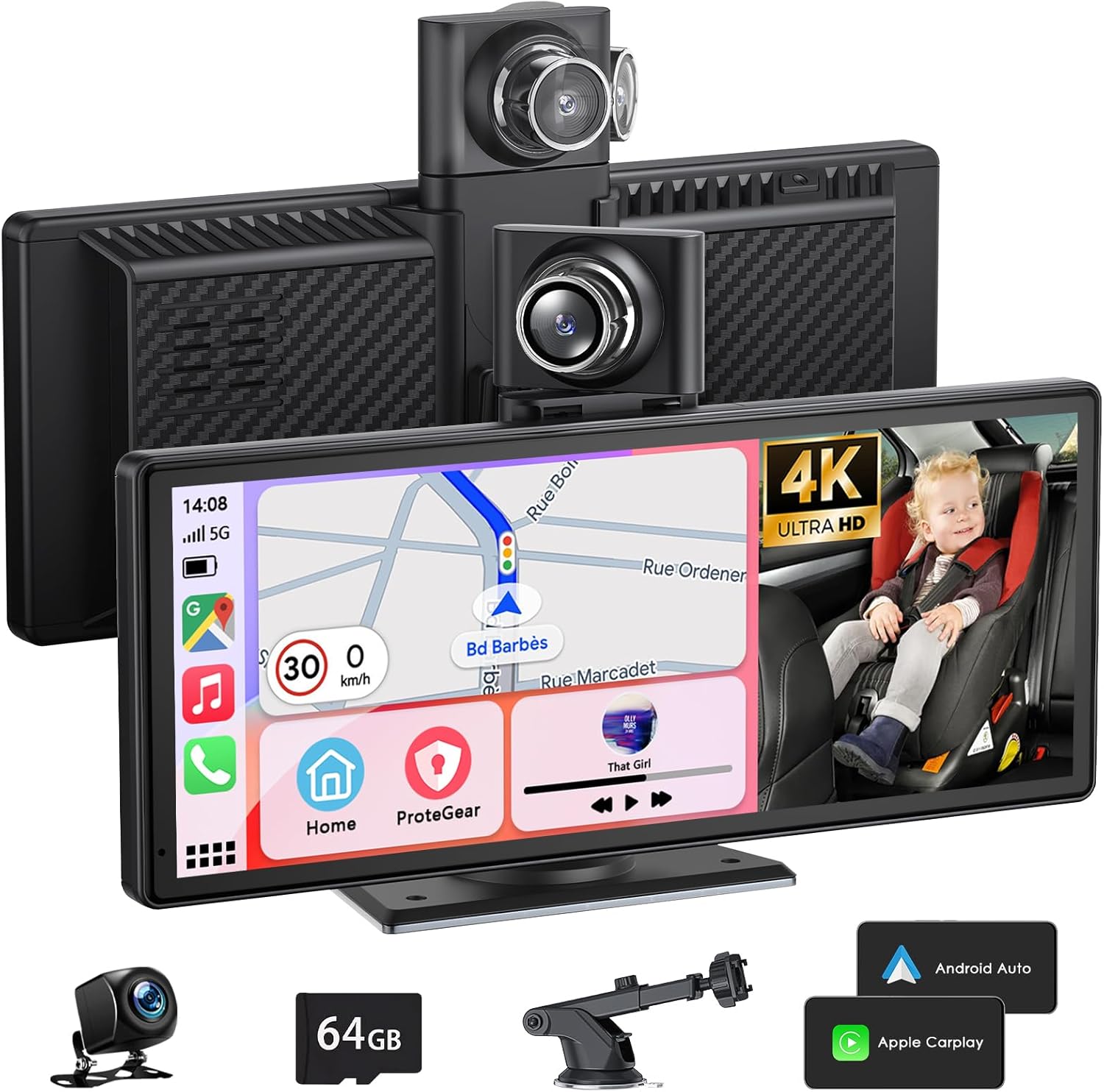 Pantalla de coche de 9,26" con Android Auto y CarPlay, dashcam 4K, cámara trasera HD 1080P, Bluetooth, FM, AUX, tarjeta TF 64 GB, Mirror Link, control por voz y navegación GPS